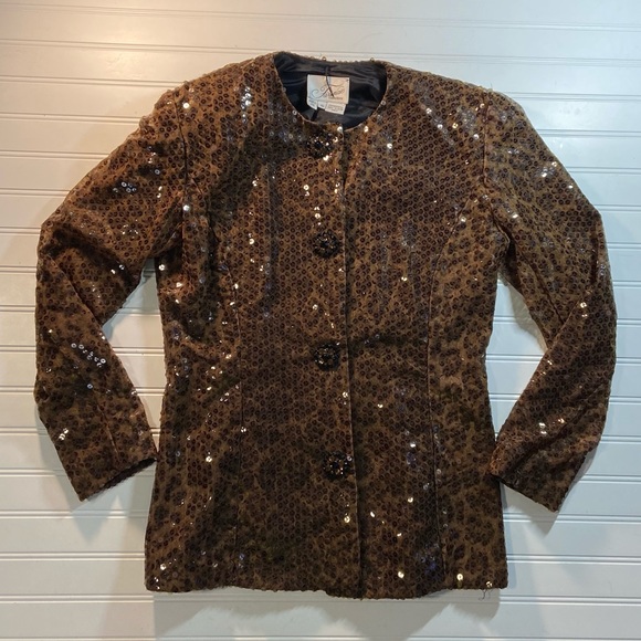 Farinae Collection Ladies 6 Lined Leopard Print Brown Sequin Jacket Made in USA - Picture 3 of 5